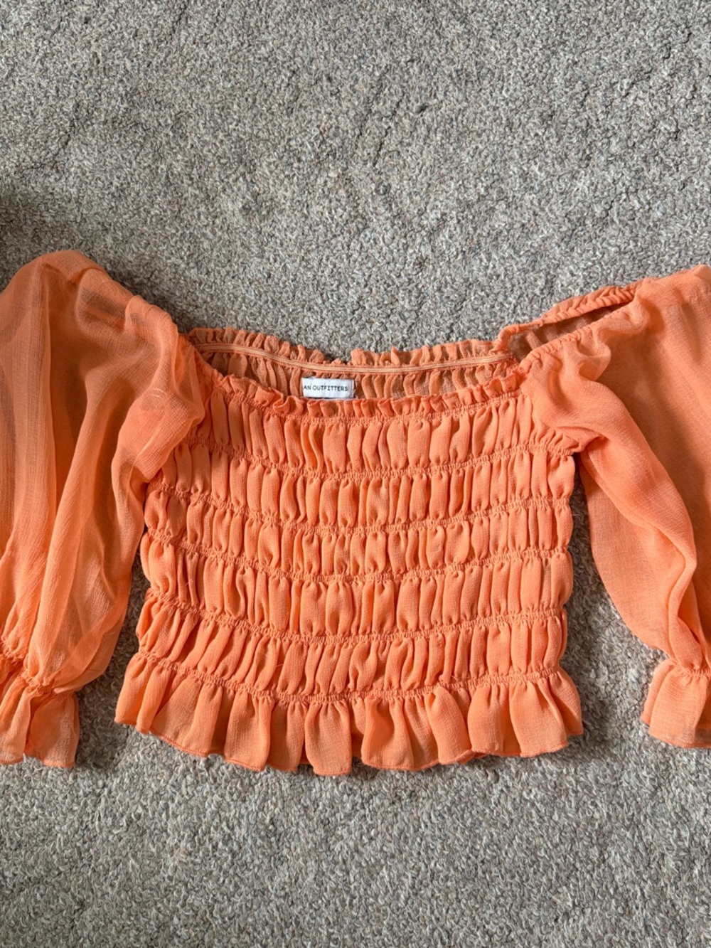 Urban Outfitters Coral-Orange Smocked Off-Shoulder Puff Sleeve Crop Top